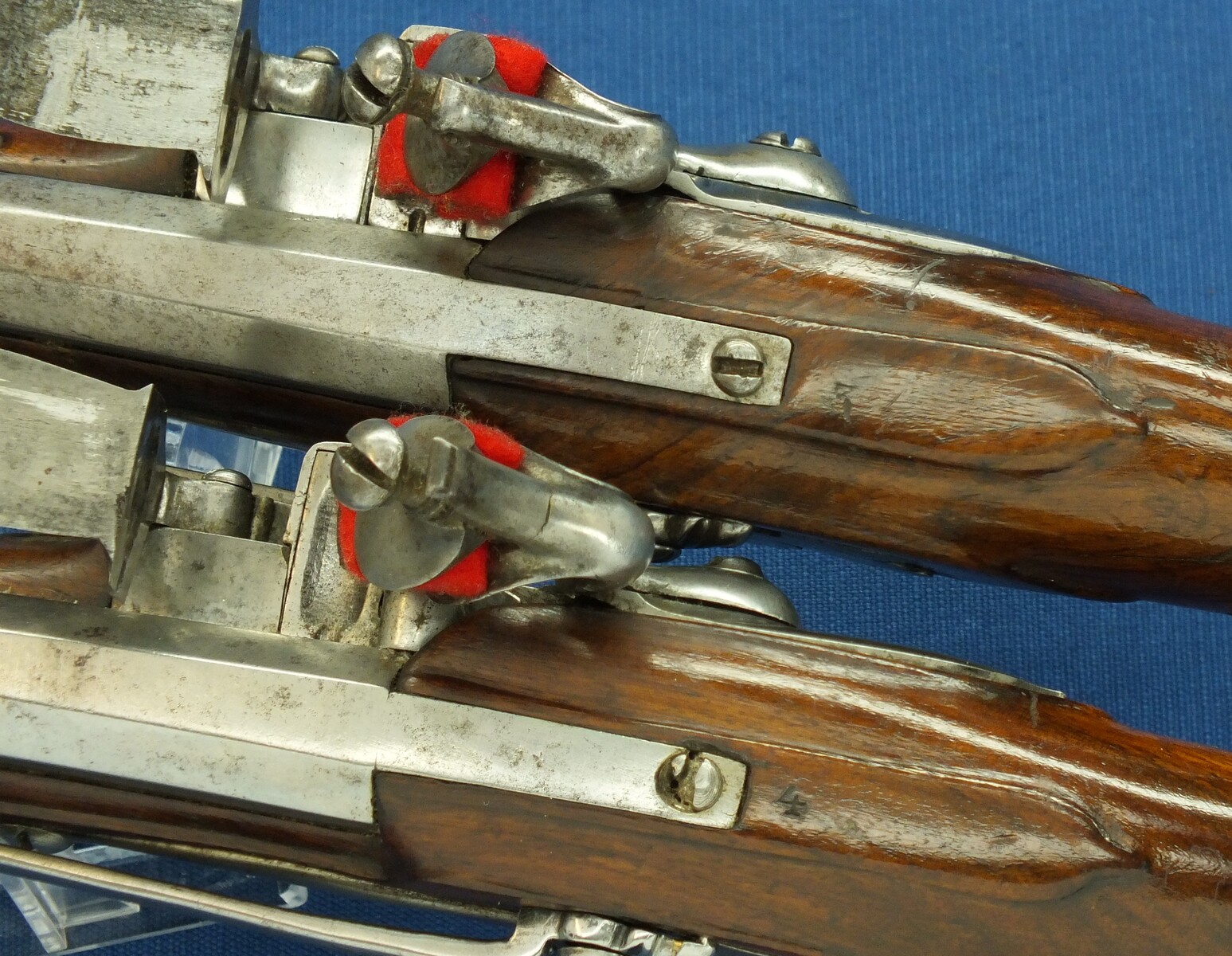 A rare antique Dutch or French 17th century circa 1660-70 Pair of over and under Flintlock pistols with Belt-hooks. Caliber 12mm, length 52. In very good condition. Price 12.500 euro.