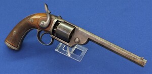 A rare antique French Military Devisme Model 1855 system Thouvenin 6 shot percussion Revolver with external hammer made by Ghaye Liege. Barrel signed F.P DEVISME A PARIS Caliber 10,8mm. Length 36cm. Price 2.400 euro.