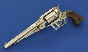 A rare antique Nickel Plated Remington New Model Army first type Smith&Wesson-Kittredge conversion Revolver with White's Patent date stamped on the cylinder. 5 shot, .46 Rimfire, 8 inch barrel, length 37,5 cm, in very good condition. Price 3.200 euro