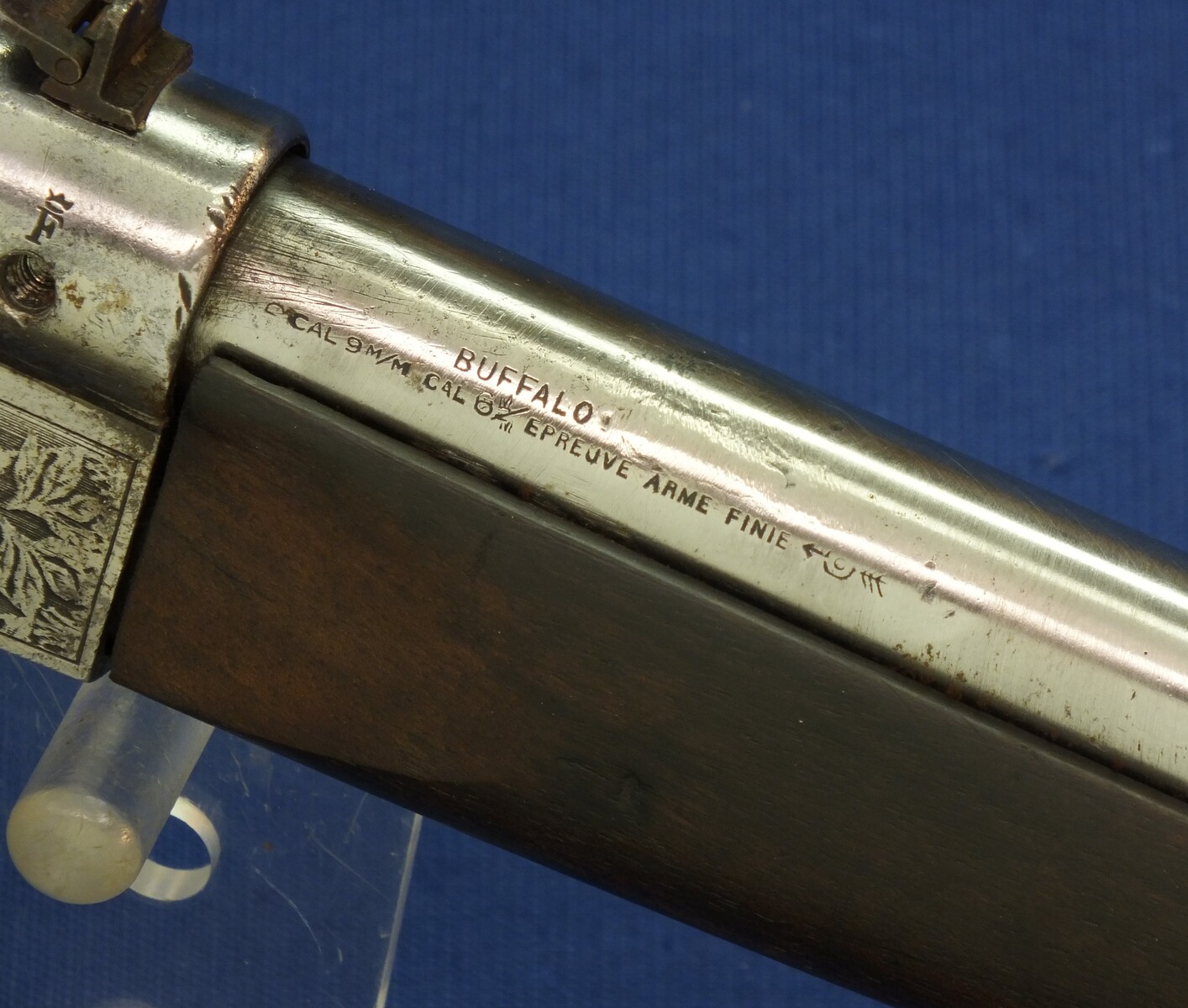 A rare French Buffalo-Stand Euréka bolt action 2 shot caliber 6mm and 9mm Rimfire Flobert Pistol. Length 40cm. In good condition. With original catalogue. Price 695 euro