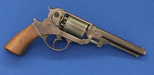 A scarce antique American Civil War Starr Arms Co. New York City Double Action Model 1858 Navy 6 shot 36 caliber Percussion Revolver with 6 inch barrel. Length 33,5cm. In very good condition. Price 3.350 euro