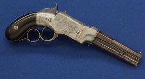 A scarce antique American Factory engraved Smith & Wesson Lever Action Repeating 31 Caliber No1 Pistol with 4 inch barrel. In very good condition. Price on request