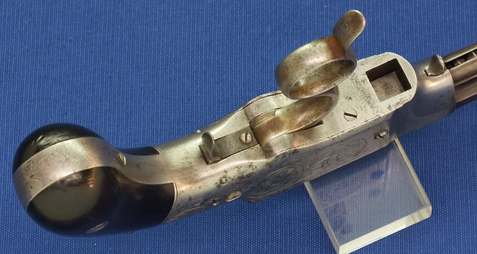 A scarce antique American Factory engraved Smith & Wesson Lever Action Repeating 31 Caliber No1 Pistol with 4 inch barrel. In very good condition. Price on request