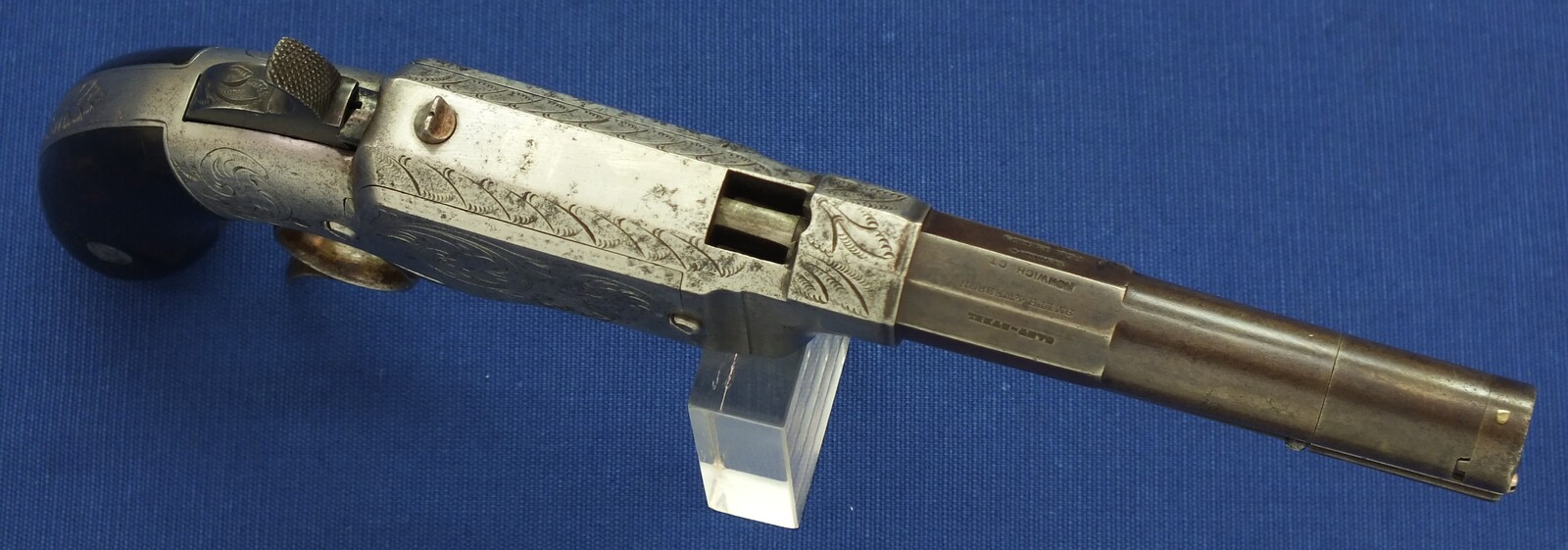 A scarce antique American Factory engraved Smith & Wesson Lever Action Repeating 31 Caliber No1 Pistol with 4 inch barrel. In very good condition. Price on request