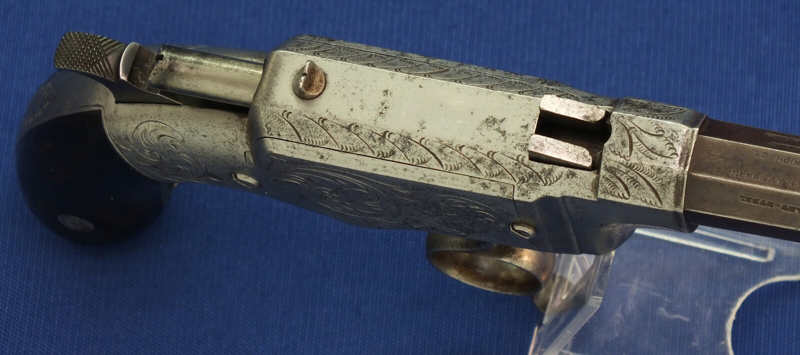 A scarce antique American Factory engraved Smith & Wesson Lever Action Repeating 31 Caliber No1 Pistol with 4 inch barrel. In very good condition. Price on request