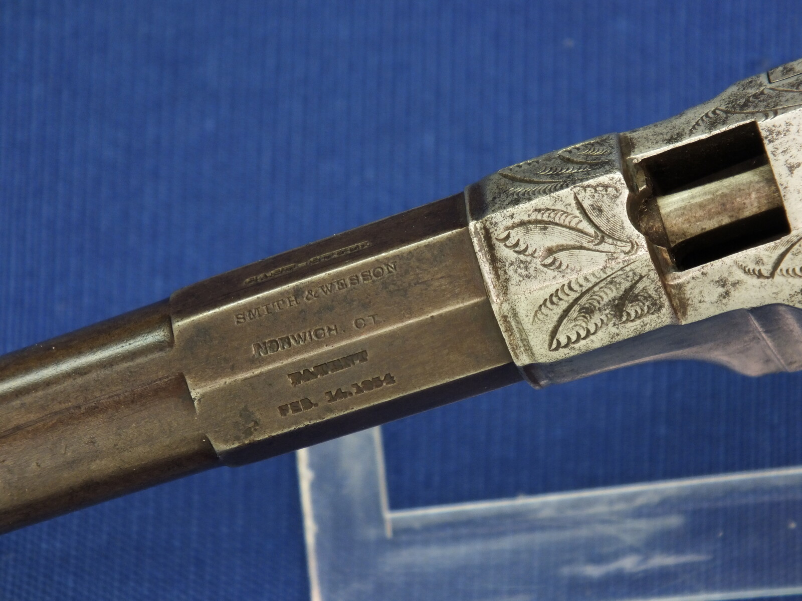 A scarce antique American Factory engraved Smith & Wesson Lever Action Repeating 31 Caliber No1 Pistol with 4 inch barrel. In very good condition. Price on request