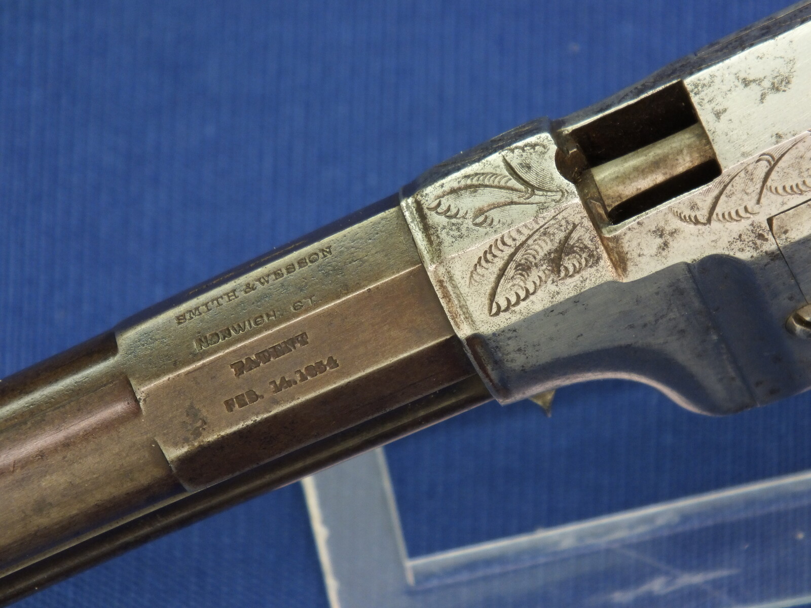 A scarce antique American Factory engraved Smith & Wesson Lever Action Repeating 31 Caliber No1 Pistol with 4 inch barrel. In very good condition. Price on request