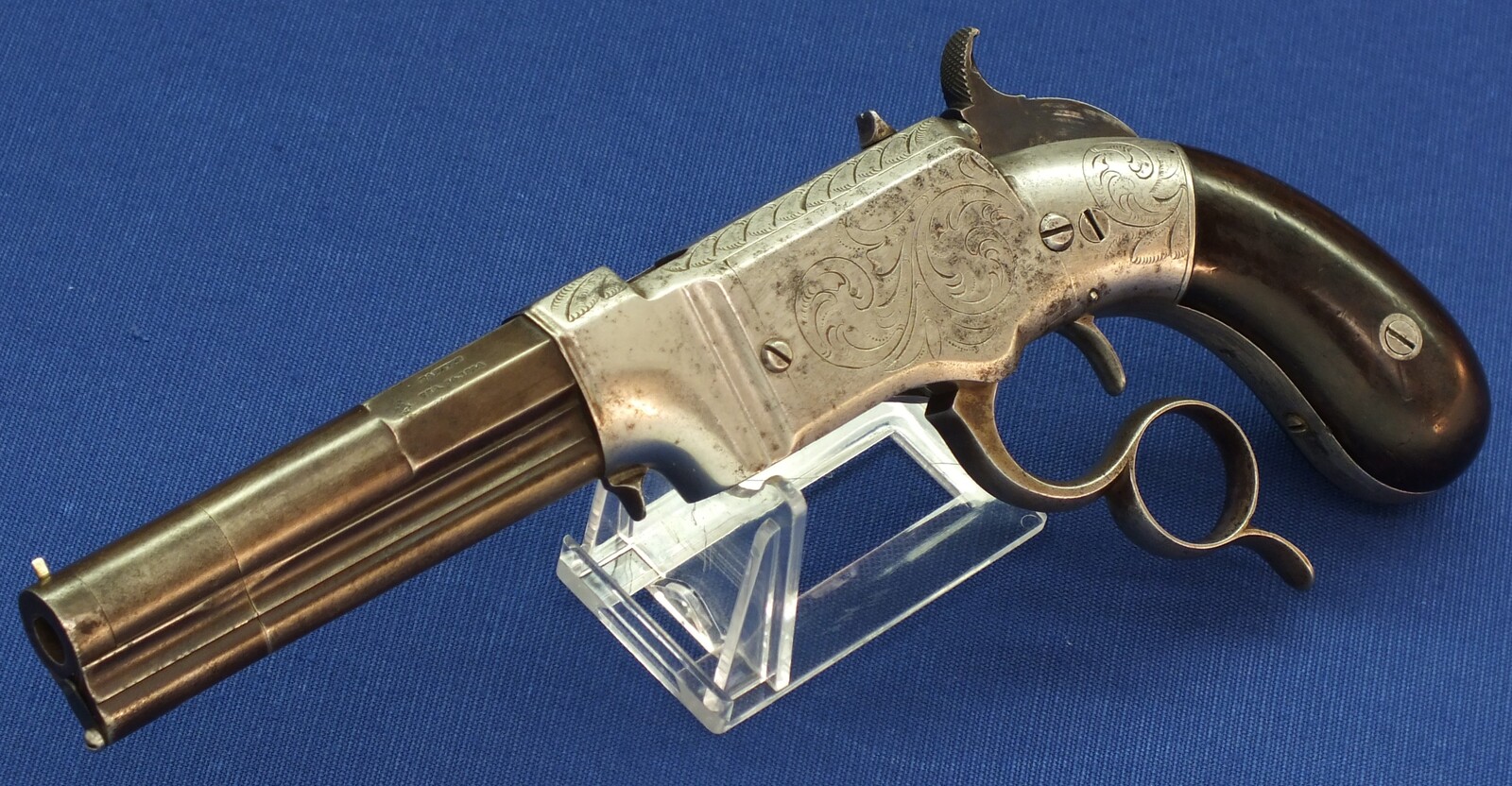 A scarce antique American Factory engraved Smith & Wesson Lever Action Repeating 31 Caliber No1 Pistol with 4 inch barrel. In very good condition. Price on request