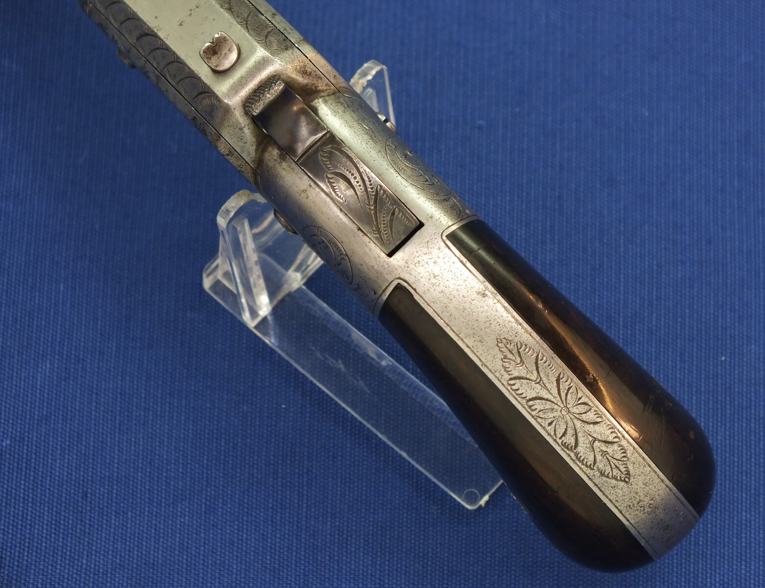 A scarce antique American Factory engraved Smith & Wesson Lever Action Repeating 31 Caliber No1 Pistol with 4 inch barrel. In very good condition. Price on request
