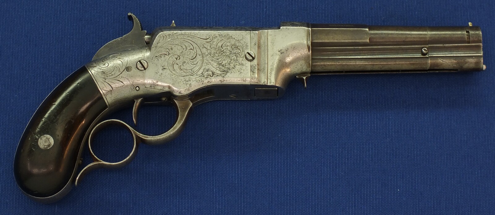 A scarce antique American Factory engraved Smith & Wesson Lever Action Repeating 31 Caliber No1 Pistol with 4 inch barrel. In very good condition. Price on request