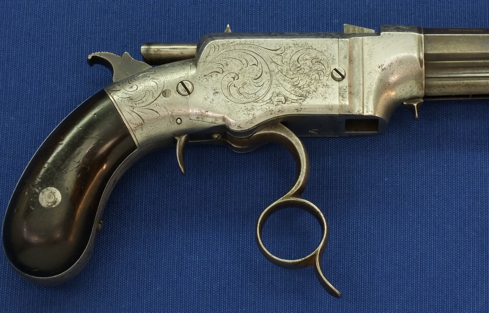 A scarce antique American Factory engraved Smith & Wesson Lever Action Repeating 31 Caliber No1 Pistol with 4 inch barrel. In very good condition. Price on request