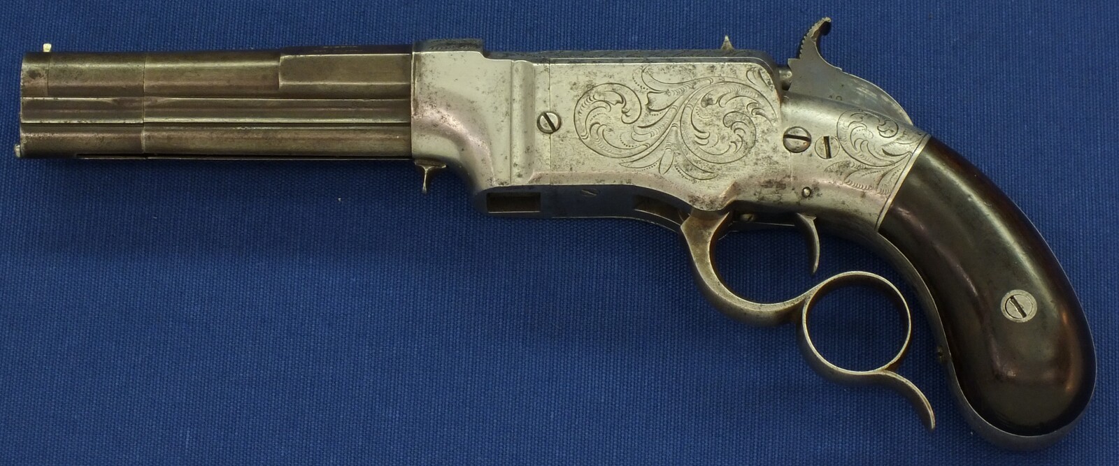A scarce antique American Factory engraved Smith & Wesson Lever Action Repeating 31 Caliber No1 Pistol with 4 inch barrel. In very good condition. Price on request