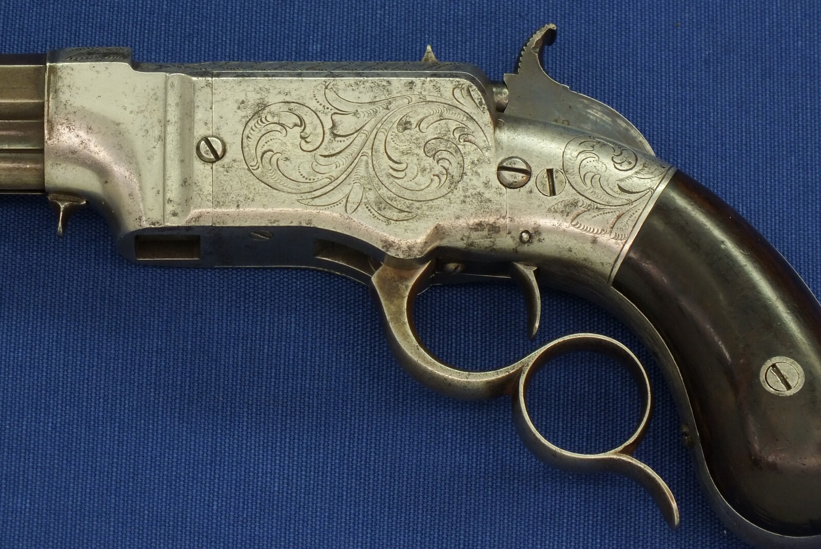 A scarce antique American Factory engraved Smith & Wesson Lever Action Repeating 31 Caliber No1 Pistol with 4 inch barrel. In very good condition. Price on request