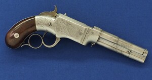 A scarce antique American Factory engraved Smith & Wesson Lever Action Repeating 31 Caliber No1 Pistol with 4 inch barrel. In very good condition. Price on request.
