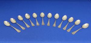A Set of 12 Silver Tea Spoons, 800 and an unknown mark, length 10 cm, in very good condition. Price 130 euro
