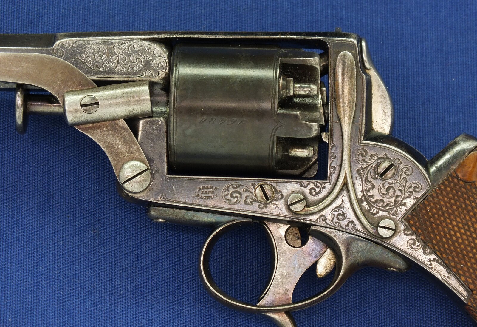 A very nice 19th century antique Dutch Adams Patent Tranter Double Action Percussion Revolver signed FABR. P. STEVENS TE MAASTRICHT and A.FRANCOTTE a LIEGE,  5 shot, caliber 11 mm, length 33,5 cm, in very good condition. Price 2.575 euro