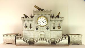 A very nice and decorative French Wooden Castle Clock with two Coupes, circa 1900, Price 550 euro.