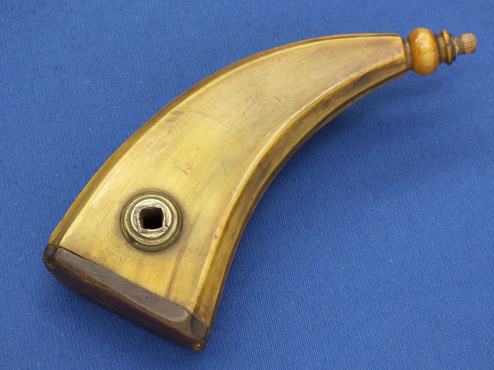 19th C French Powder Horn, Handcarved Wood Stopper, Small 5 Inch 