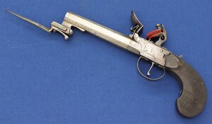 A very nice antique 18th century probably French Flintlock Pistol with Spring Bayonet, caliber 13 mm, length 25,5 cm, in good condition. Price 650 euro