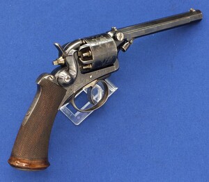 A very nice antique 19th century Belgian double and single action side hammer Percussion Revolver by MANGEOT & COMBLAIN -  BRUXELLES, 6 shot, caliber 10 mm, length 33 cm, in near mint condition. 