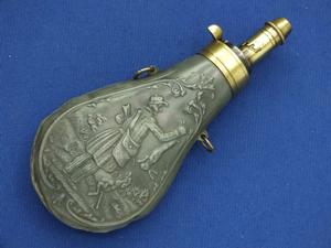A very nice antique 19th Century Embossed Zinc Powderflask, height 16 cm, in good condition. Price 155 euro
