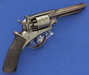 A very nice antique 19th century English Deane - Harding Patent Percussion Revolver,  signed Deane & Son London Bridge, two  piece frame, double and single action,  caliber 12 mm, 5 shot, length 33 cm, in good condition.