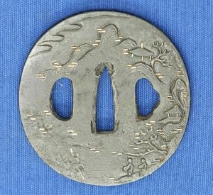 A very nice Antique 19th century Japanese Tsuba with engraved trees, diameter 7.3 cm, Price 175 euro