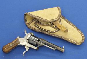A very nice Antique Belgian Liege Pinfire Revolver in original Holster, caliber 7 mm, length 21 cm, in nearly mint condition. Price 750 euro