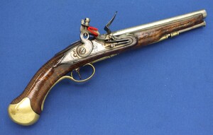 A very nice antique British Military Long Sea Service Flintlock Pistol, Arsenal Shortened, with belthook, marked Tower, circa 1800, caliber 14 mm, length 42 cm, in very good condition. 