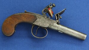 A very nice antique English Box-Lock Flintlock pistol By Rogers (Birmingham) circa 1800 with Thumbpiece safety catch. Birmingham proofmarks. Caliber 11mm, length 18,5 cm. In very good condition. Price 675 euro