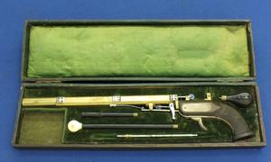 A very scarce antique 19th Century Darts spring loaded Pistol, caliber 8 mm, length 37 cm, in very good condition. 