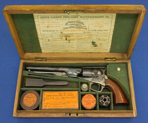 A very scarce Antique London cased Colt Police Thuer conversion revolver with 6,5 inch barrel with New York address. Provenance: Collection Senator Ford. In very good condition. Price on request.
