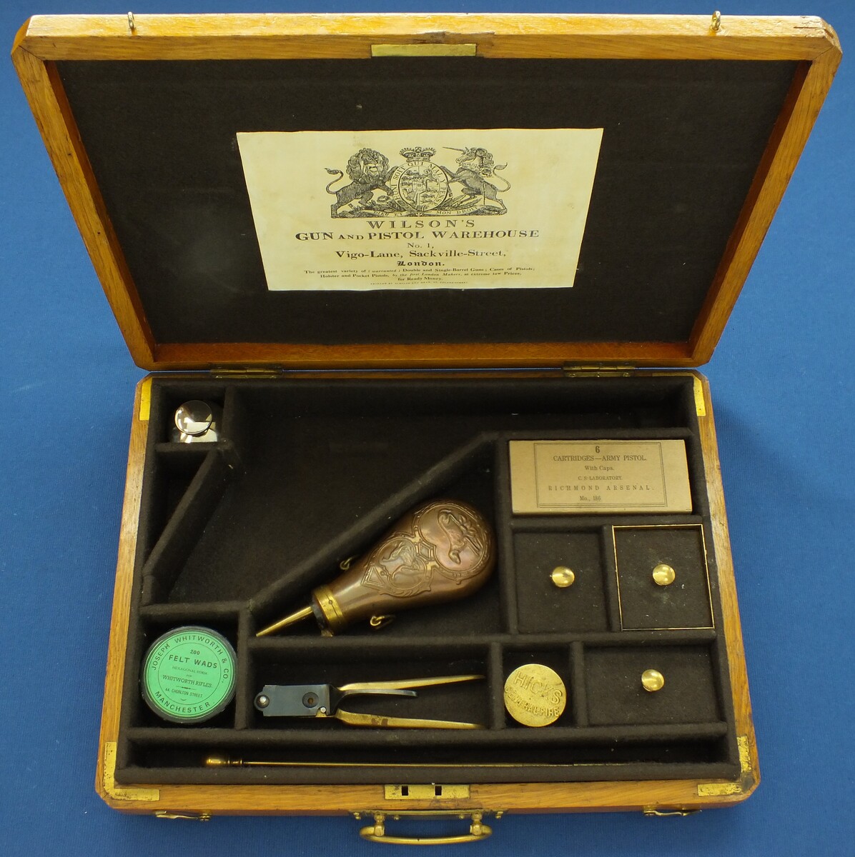 A Vintage/antique Oak case refitted and relined brown interior made to fit Starr Single Action Army Revolver. 40x30x6cm. In very good condition