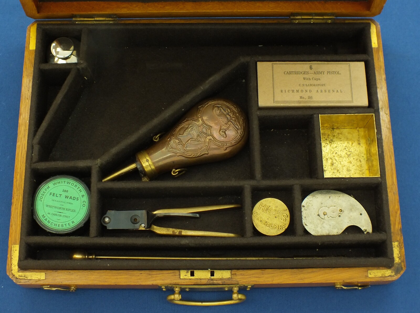 A Vintage/antique Oak case refitted and relined brown interior made to fit Starr Single Action Army Revolver. 40x30x6cm. In very good condition