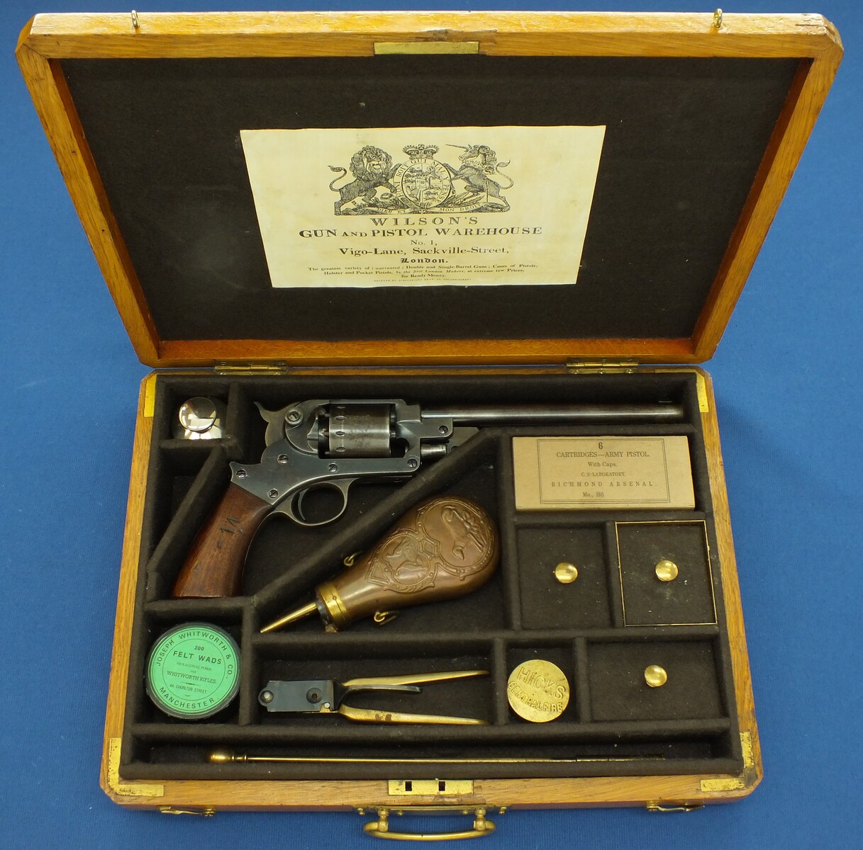 A Vintage/antique Oak case refitted and relined brown interior made to fit Starr Single Action Army Revolver. 40x30x6cm. In very good condition. Price 350 euro.