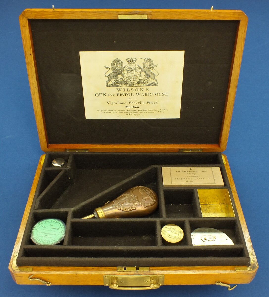 A Vintage/antique Oak case refitted and relined brown interior made to fit Starr Single Action Army Revolver. 40x30x6cm. In very good condition. Price 350 euro.