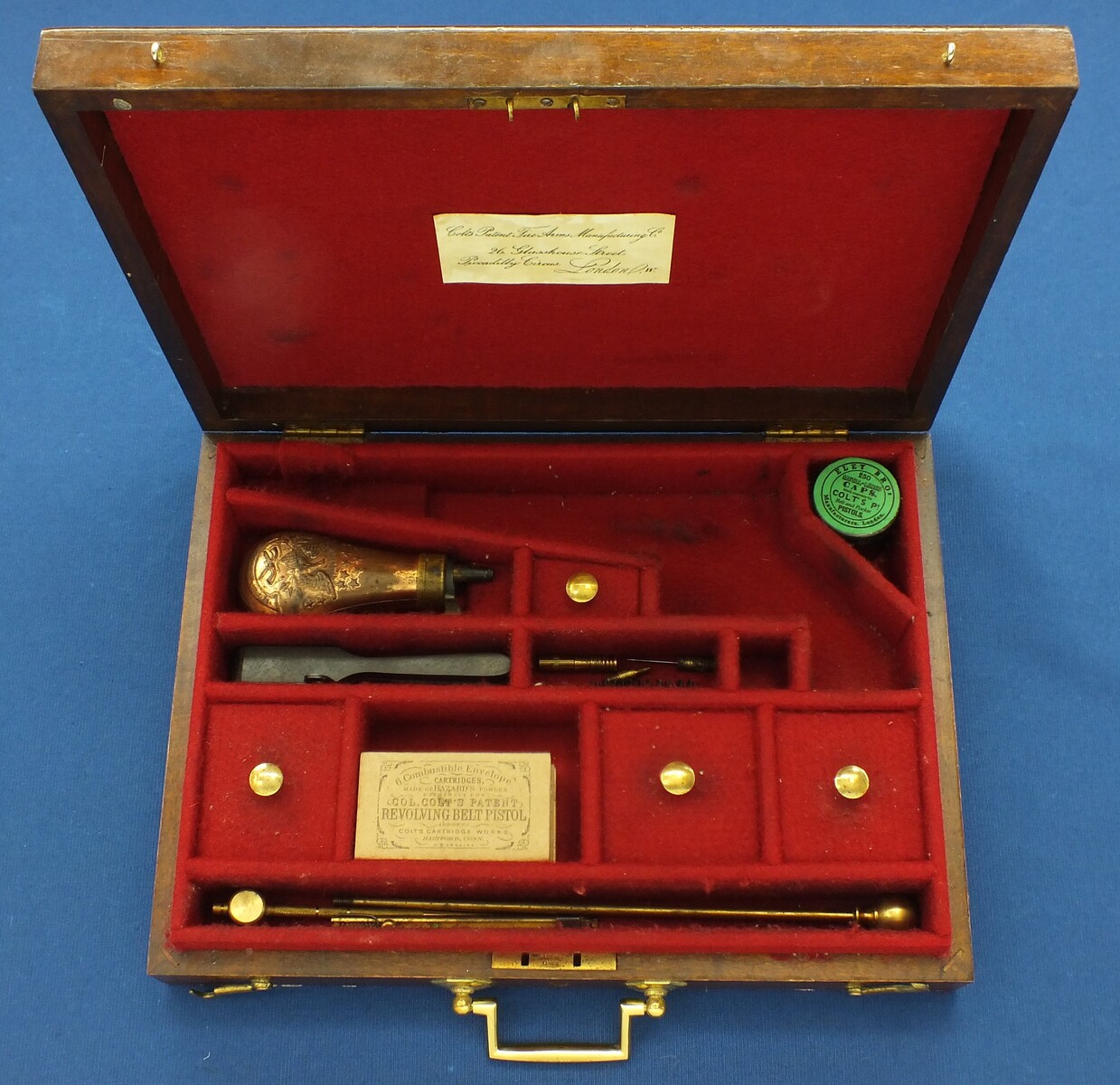 A Vintage/antique Oak case refitted and relined red interior made to fit Colt Model 1862 Police Percussion Revolver with 5,5 inch barrel. 34x25x7cm. In very good condition.