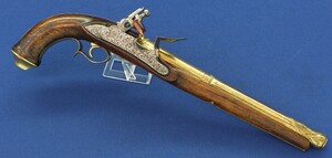 An antique 19th century Eastern Flintlock pistol with decorative gilded Brass Cannon barrel with Fish/Sea monster shaped Muzzle. Length 44cm. Caliber 14mm. In very good condition.