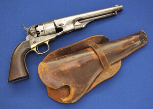 An antique American Civil War Colt 4 screw Model 1860 Army 6 shot Caliber 44 Percussion Revolver with 8 inch barrel with Ney York address with original Leather Holster. Length 37,5cm. In very good condition. Price 3.500 euro