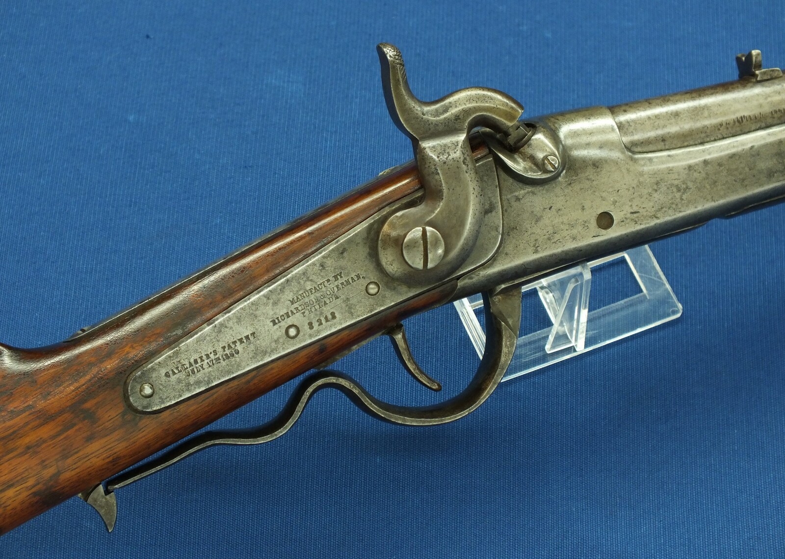 An antique American Civil War Gallager Percussion Carbine by Richardson & Overman Philadelphia. 50 Caliber, 22,1/4 inch Barrel. Length 100cm. In very good condition. Price 2.700 euro.