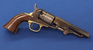 An antique American Colt Model 1862 Pocket Navy 5 shot 36 Caliber single action percussion revolver with 4,5 inch barrel with New York address. Length 26,5cm. In very good condition. Price 2.450 euro