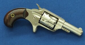 An antique American Nickel Plated Colt New Line 32 Caliber Rimfire 5 shot Revolver. 2 1/4 inch barrel with Hartford address. Length 16,5cm. In very good condition. Price 900 euro