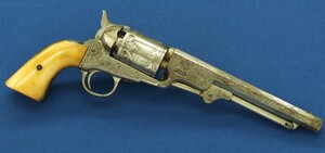 An antique Belgian Brevete engraved and Nickel Plated Colt Model 1851 Navy 6 shot Percussion Revolver by Jean-Baptiste Rongé & Fils. Caliber 35, 7 inch barrel. Length 34,5cm. In very good condition