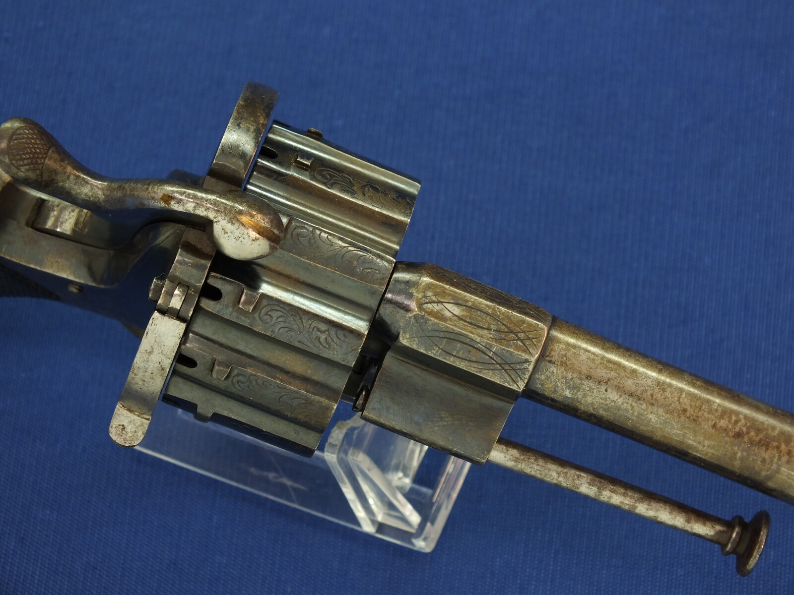 An antique Belgian E. Lefaucheux 12 shot 9mm Double and Single Action Pinfire Revolver. Length 31cm. In very good condition. Price 1.750 euro.