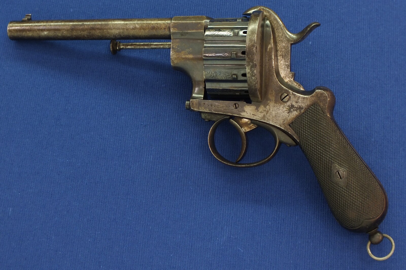 An antique Belgian E. Lefaucheux 12 shot 9mm Double and Single Action Pinfire Revolver. Length 31cm. In very good condition. Price 1.750 euro.