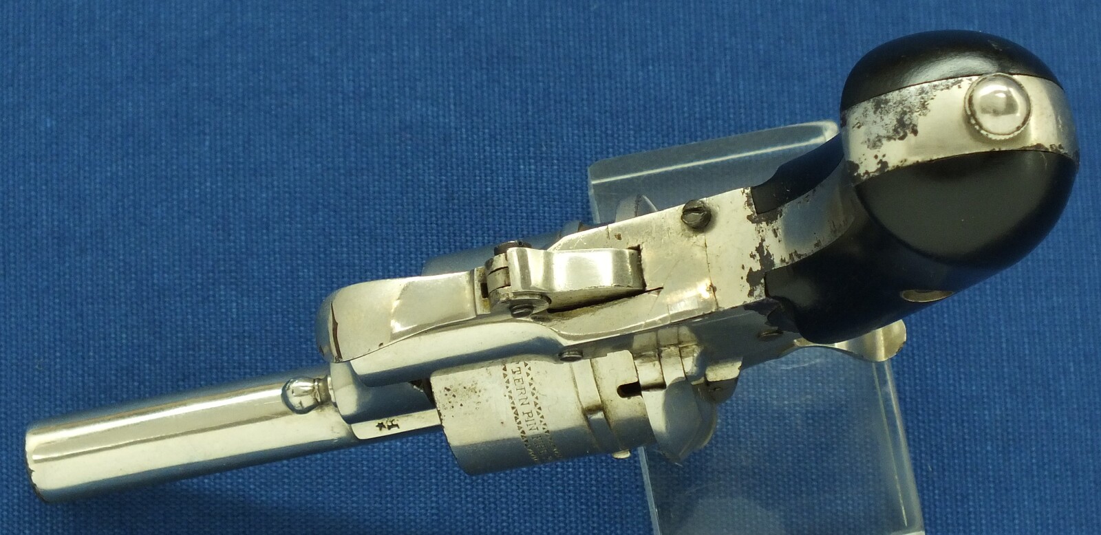 An antique Belgian made for the English market 6 shot Single and Double Action Nickel Plated Pinfire Revolver. 7mm Caliber, length 16,5cm. In very good condition. Price 425 euro.