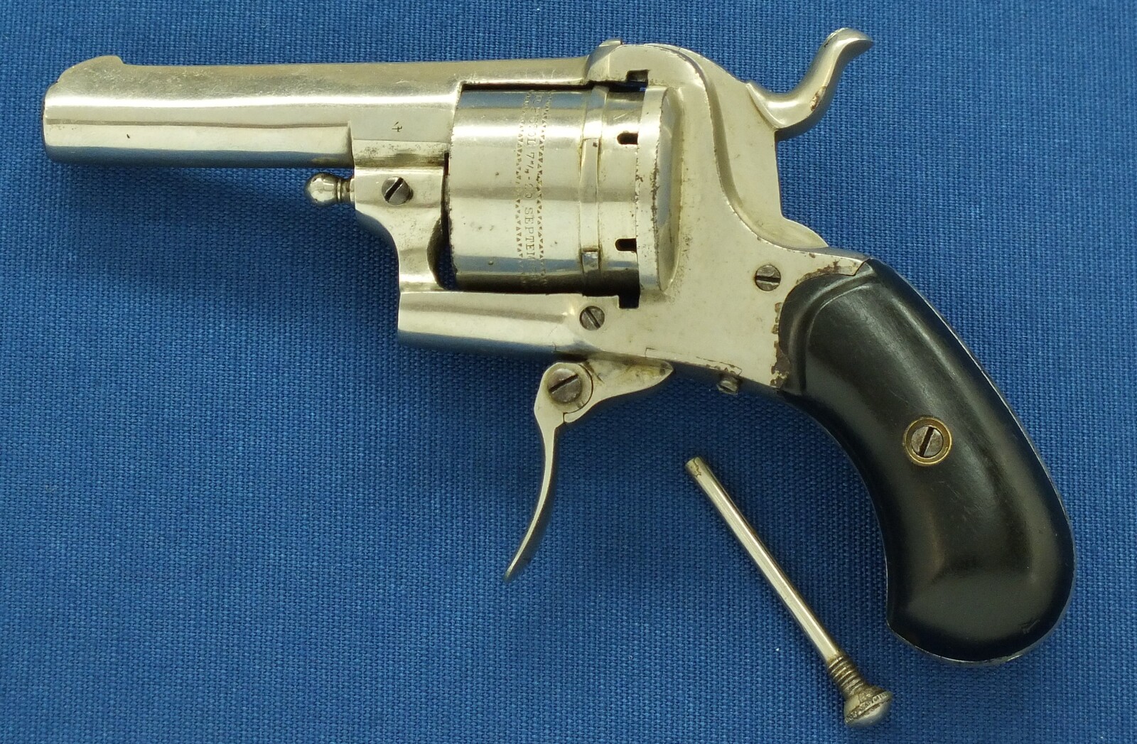 An antique Belgian made for the English market 6 shot Single and Double Action Nickel Plated Pinfire Revolver. 7mm Caliber, length 16,5cm. In very good condition. Price 425 euro.
