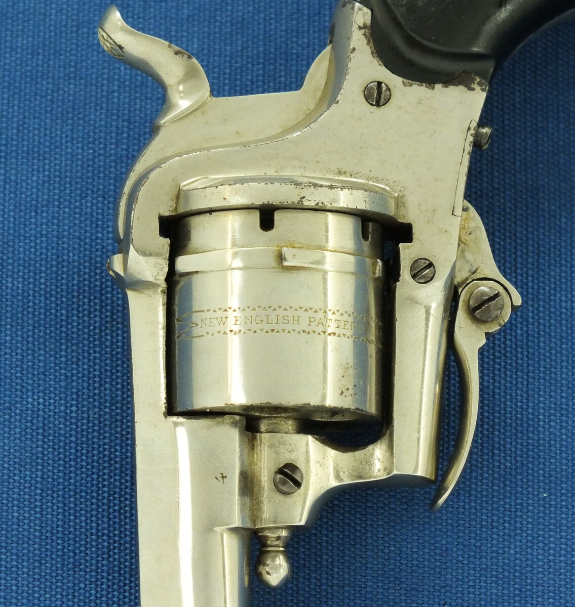 An antique Belgian made for the English market 6 shot Single and Double Action Nickel Plated Pinfire Revolver. 7mm Caliber, length 16,5cm. In very good condition. Price 425 euro.