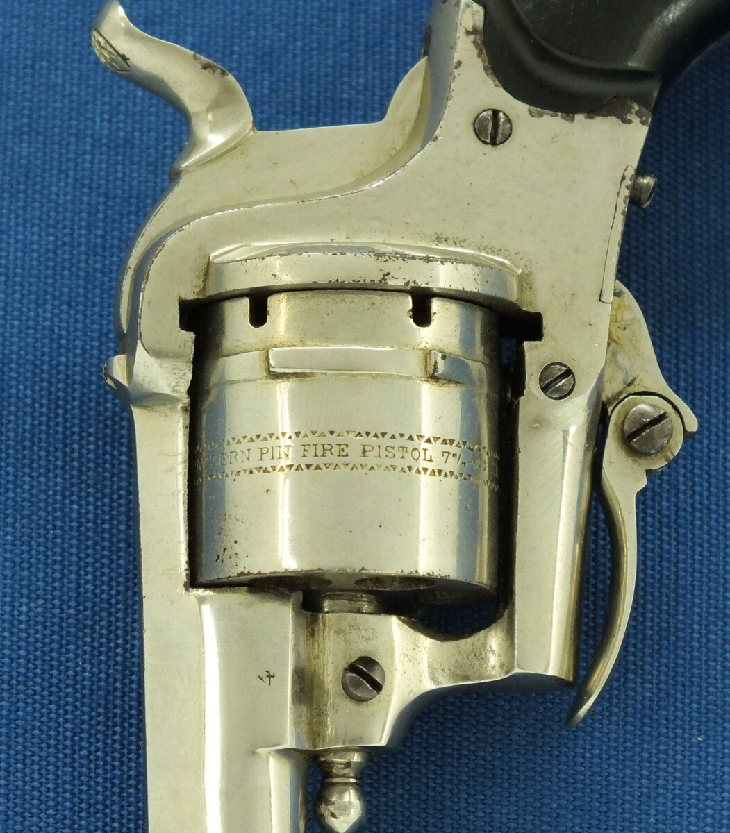 An antique Belgian made for the English market 6 shot Single and Double Action Nickel Plated Pinfire Revolver. 7mm Caliber, length 16,5cm. In very good condition. Price 425 euro.