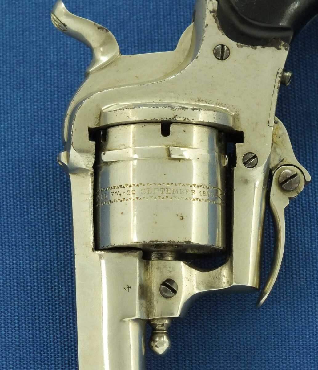 An antique Belgian made for the English market 6 shot Single and Double Action Nickel Plated Pinfire Revolver. 7mm Caliber, length 16,5cm. In very good condition. Price 425 euro.